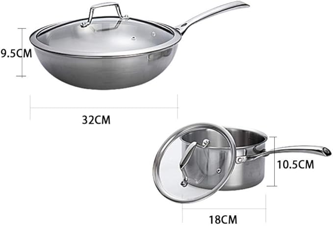 2-Pie cookware Set Stainless Steel Wok Saupan with Tempered Glass lid Comfortable Handle Suitable for Gas Induction Cooker Easy to Clean Large pan