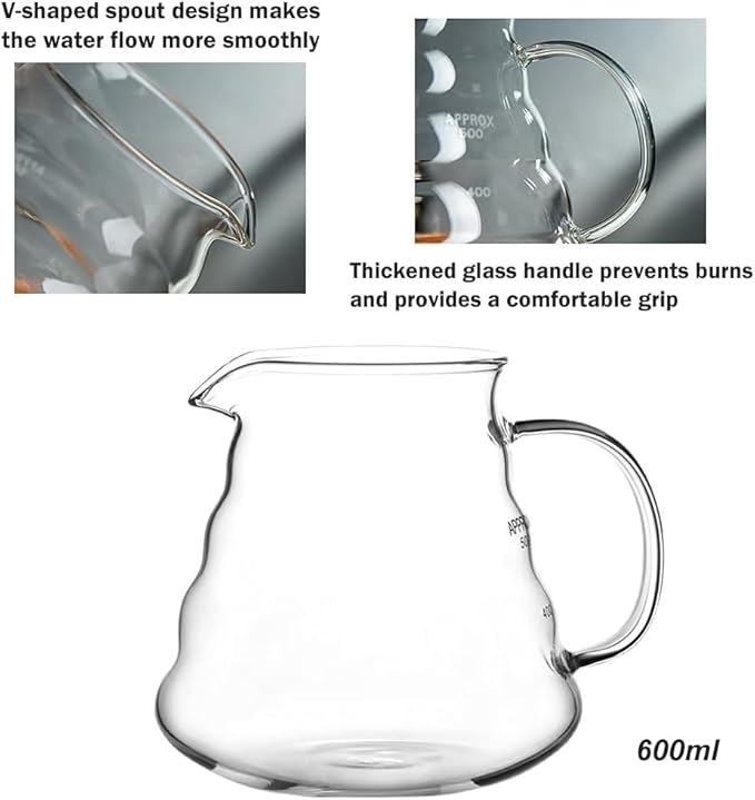 Pour Over Coffee Maker Set Includes Glass Coffee Dripper Metal Dripper Stand and Heat Resistance 600Ml Coffee ServerBlack