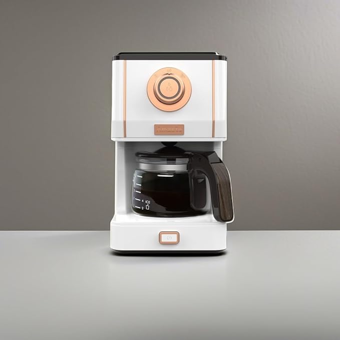 Amaste Retro Style Coffee Machine with 25 Oz Glass Coffee Pot Reusable Coffee Filter &amp Three Brewing Modes Warming Plate Elegant White with Rose Gold