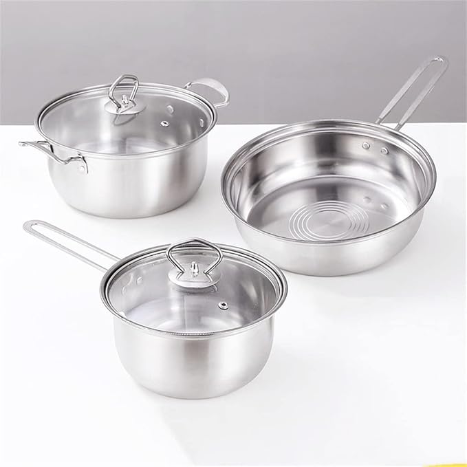 Cookware 3 Pots and 5 Pieces Set Stainless Steel Pot Frying Pan Set Pressure Cooker Cooking Pot Milk Soup Pot Steam Cooker Kitchen Cooker