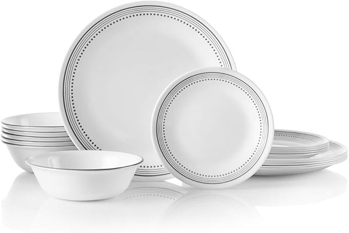 Corelle Vitrelle 18-Piece Service for 6 Dinnerware Set Mystic Gray &amp Vitrelle 28-oz Soup/Cereal Bowls Set of 6 Chip &amp Crack Resistant Dinnerware Bowls