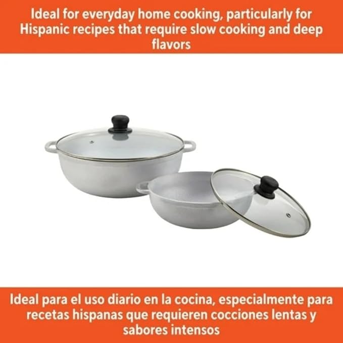 Caldero 2-Piece Set with Glass Lid - 22cm and 30cm Size Ideal for Stews Soups and Rice Dishes - Durable and Versatile Cookware for Everyday Use