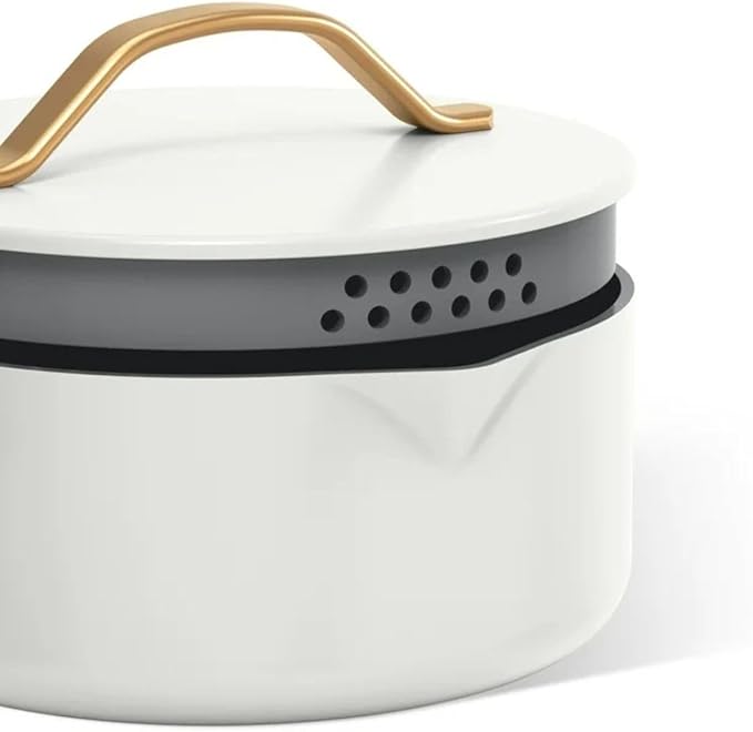Pans 12pc Ceramic Non-Stick Cookware Set by Drew Barrymore Pots &amp Pans with Lids Dishwasher‑SafeSoft‑Touch Handles Even‑Heat Base. (White Icing)