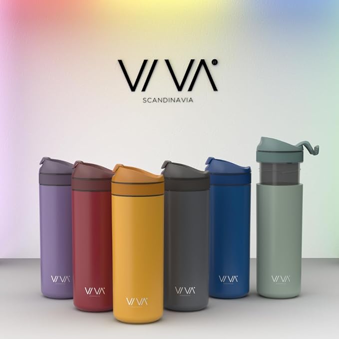 VIVA Recharge Grey Insulated Tea &amp Coffee Mug &amp Travel French Press Coffee Maker 16 oz Brew &amp Drink From the Same Coffee Mug On the Go or Camping