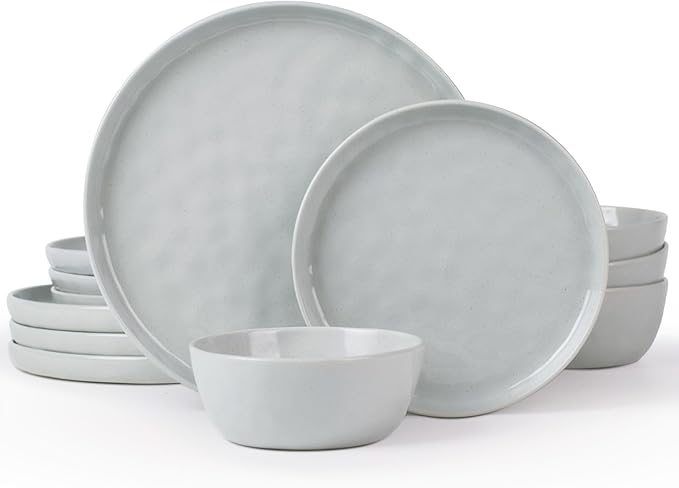 Famiware Mars Plates and Bowls Set 12 Pieces Dinnerware Sets Dishes Set for 4 Light Gray