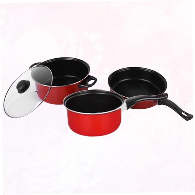 FUOYLOO 3pcs Nonstick Frying Pan Soup Pot Milk Pan Set Red Kitchen Cookware Multifunctional Cooking Tool Home Daily Use