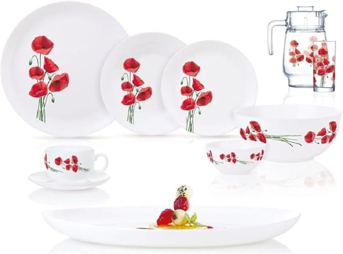Diwali Hypnosis Glass Dinnerware Set of 46 for 6 pers. Dessert Plate Dinner Plate Deep Plate Oval Dish Salad Bowls Decanter with Glass Cup and Saucer