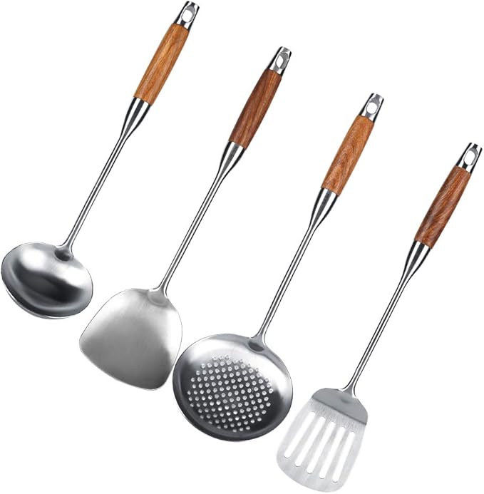 Chef Kitchen Cookware Set 4 Piece Nonstick Spatula Set Black Wooden Handle Stainless Steel Kitchen Gadgets