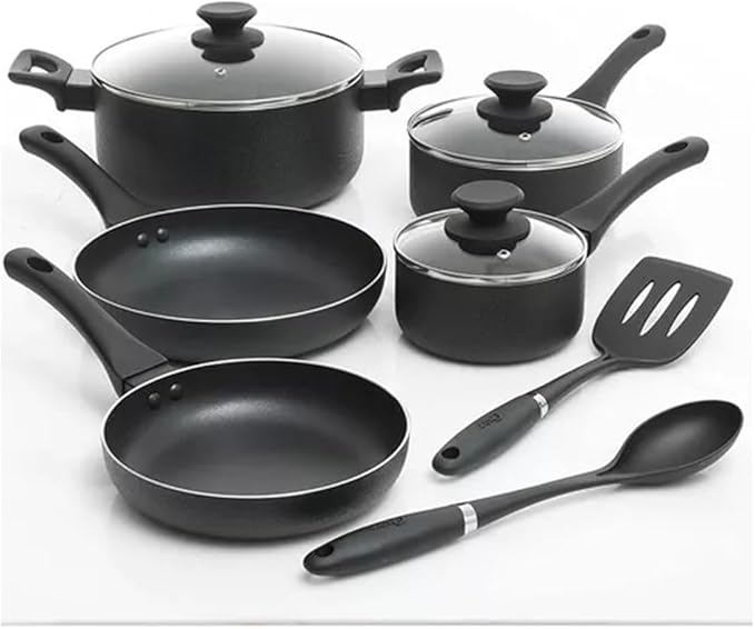 Oster Ashford 10 Piece Aluminum Nonstick Cookware Set in Black - MEGA-73076.10