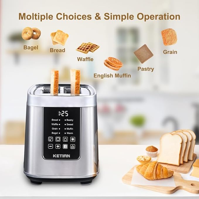 Smart Touch Screen Toaster 2 Slice KETIAN Automatic Digital Stainless Steel Toaster7 Bread TypesSingle Slot Tech7 Browning SettingsRemovable Crumb Tray1400W (Silver)