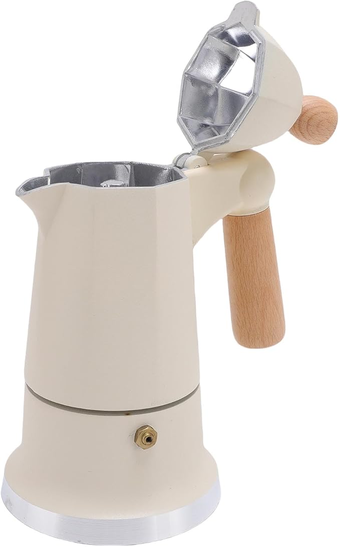 Stovetop Coffee Maker 3 Cups Single Valve Aluminum Alloy Percolator Coffee Maker Pot with Wooden Handle for Home Brewing Easy to Use &amp Clean (White)