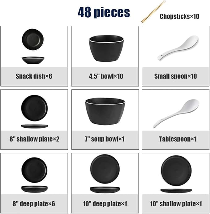Dinnerware Set Plates and Bowls Sets 48 Pieces Porcelain Dinnerware Combination Set | Black Matte Steak Plates And Cereals Bowls Sets