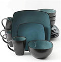 16 Piece Square Two-Tone Stoneware Dinnerware Set For 4 | Reactive Glaze FinishDishwasher &amp Microwave Safe Expertly Crafted | Perfect for Kitchen Dining Durable Teal/Black Shade Modern Appearanc