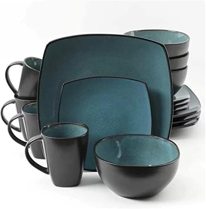 16 Piece Square Two-Tone Stoneware Dinnerware Set For 4 | Reactive Glaze FinishDishwasher &amp Microwave Safe Expertly Crafted | Perfect for Kitchen Dining Durable Teal/Black Shade Modern Appearanc
