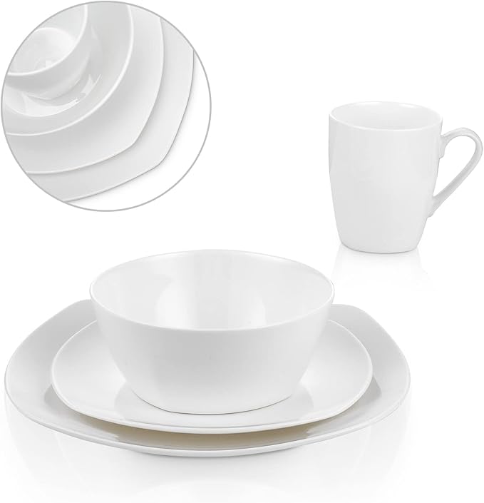 Stone Lain Bone China Soft Square 16 Piece Dinnerware Set White