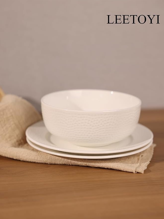 LEETOYI Ceramic Dinnerware Set 26 OZ Bowl with Plates Tableware for Kitchen and Formal Dining Used for Cereal Salad Pasta Soup Dessert Dishwasher &amp Microwave Safe White