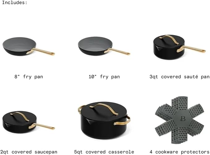 Pans 12pc Ceramic Non-Stick Cookware Set by Drew Barrymore Pots &amp Pans with Lids Dishwasher‑SafeSoft‑Touch Handles Even‑Heat Base. (Black Seaseme)