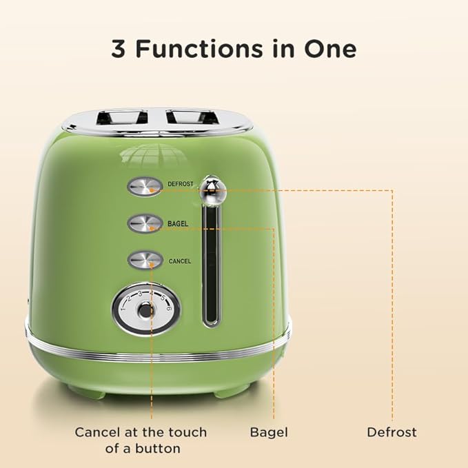 Toaster Retro 2 Slice Vintage Green Toaster with Lid with Bread Attachment Preheat Defrost And Cancel Functions 6 Browning Levels (Green)