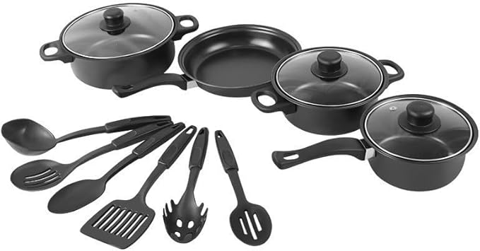 13 Piece Set Cookware Set Non-Stick Portable Lightweight Iron Pots and Pans with Glass Lids and Nylon Utensils for Outdoor Camping Picnic Travel Cookware