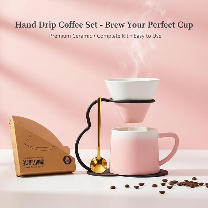 Pour Over Coffee Maker setCeramic Coffee Maker With V60 40 pcs Paper FilterMetal Stand 9oz 270ml mug Pour Over Coffee Dripper Pink