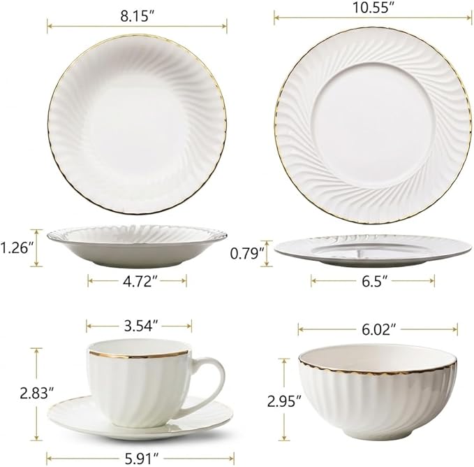 Elegant Porcelain Dinnerware Set with Gold Rim Embossed Wave Pattern 20 Piece Service for 4 Includes Dinner Plates Salad Plates Bowls Cups with Saucers Dishwasher Microwave Safe