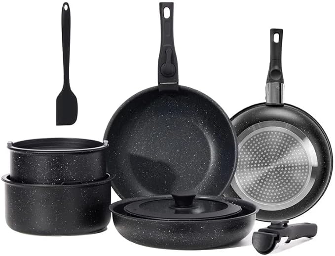 12-Piece Black Non-Stick Cookware Set with Detachable Handle &amp Spatula Universal Stovetop &amp Oven Safe Complete Pots and Pans Set for Kitchen