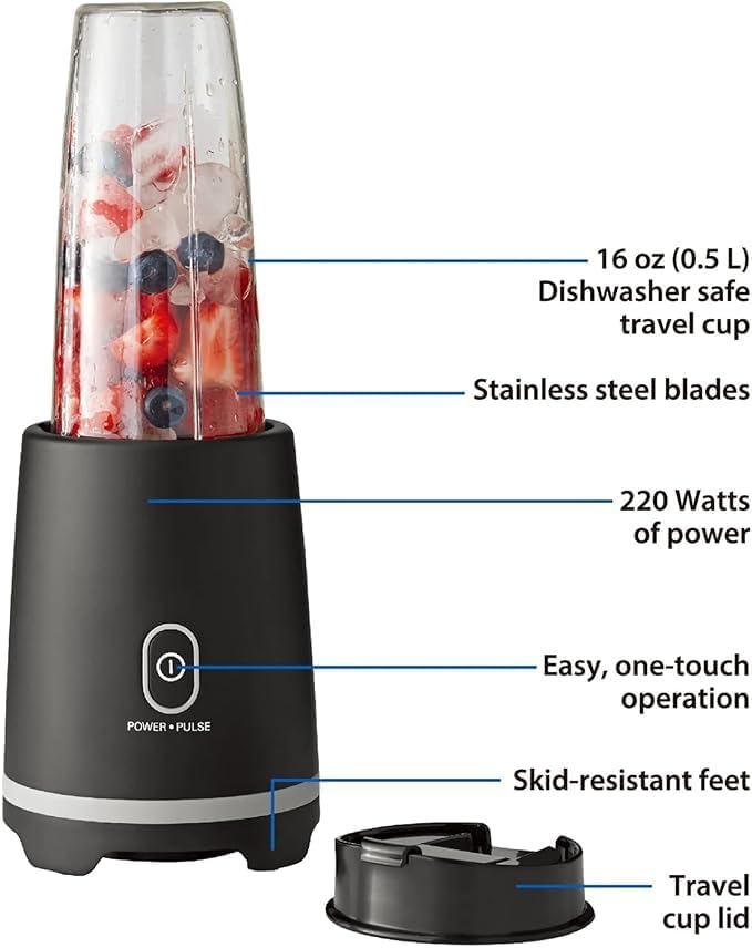 Black Single-Serve Blender With 1 Travel Lid 16 Oz New Contains No BPA Dishwasher Safe Stainless-Steel Blade Black