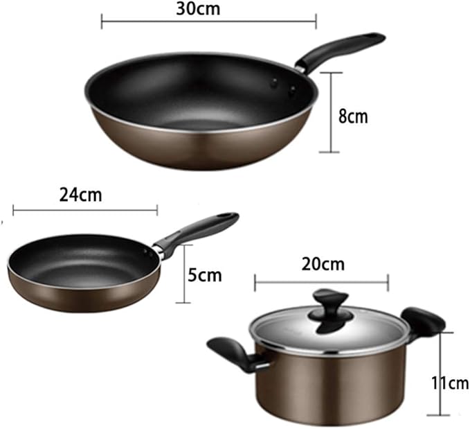 3 Pc Aluminum Cookware Set Non Stick Coating Base Oven Safe Pots Pans with Lids &amp Frying Pan SetSuitable for Multiple Heat Sources Easy to Clean Saute Pans