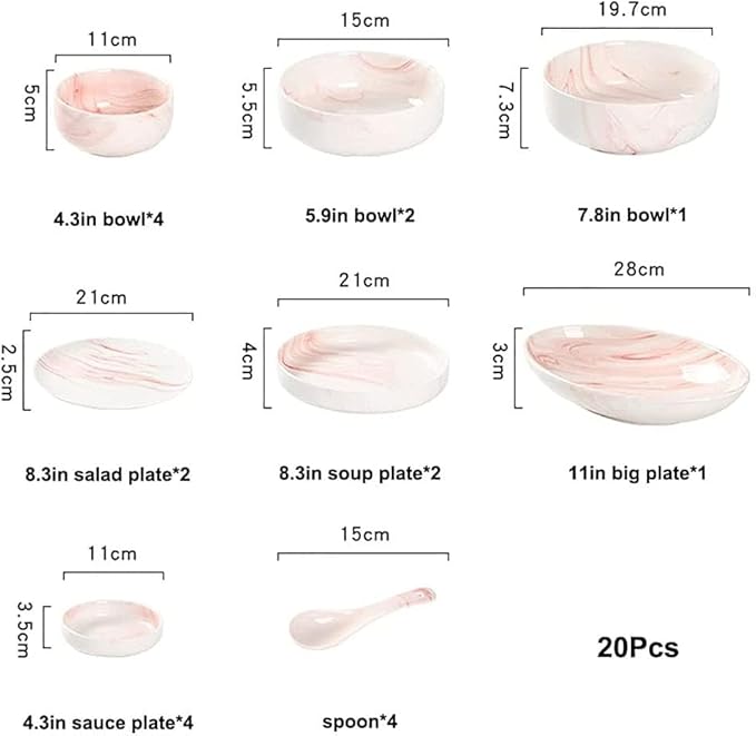 Ceramics Dinnerware Set Pink Marbling Chip Resistant Dinner Set/Porcelain Combination Tableware-Plates and Bowls Set for Indoor Outdoor PartyPink