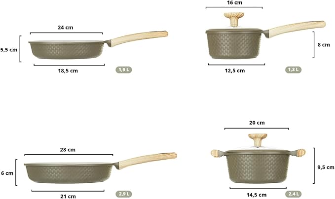 Bambù 6Pcs Cookware set Die-cast Aluminum pots and pans Nonstick frying pans and casseroles Induction safe PFOA-free (Green and Cream 6 pcs)