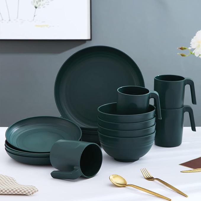 Kyraton 16-Piece Unbreakable Polypropylene Dinnerware Set Dark Green Microwave Safe