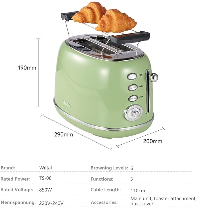 Toaster Retro 2 Slice Vintage Green Toaster with Lid with Bread Attachment Preheat Defrost And Cancel Functions 6 Browning Levels (Green)