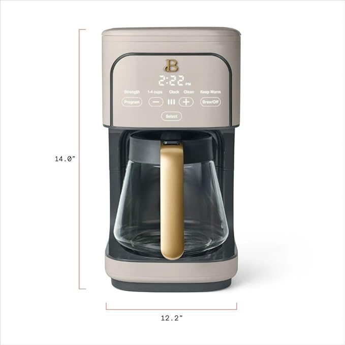 B - 12-Cup Programmable Coffee Maker with Touch Controls Auto Brew Timer Reusable Filter Large Glass Carafe Countertop Coffee Machine (Porcini Taupe)