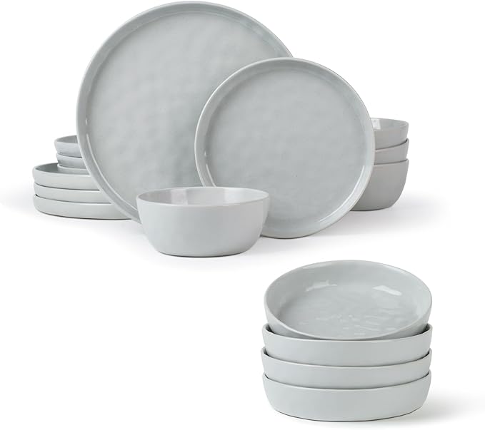 Famiware Mars Plates and Bowls Set for 4 16 Pieces Dinnerware Sets 8.5 Pasta Bowls for Serving Light Gray
