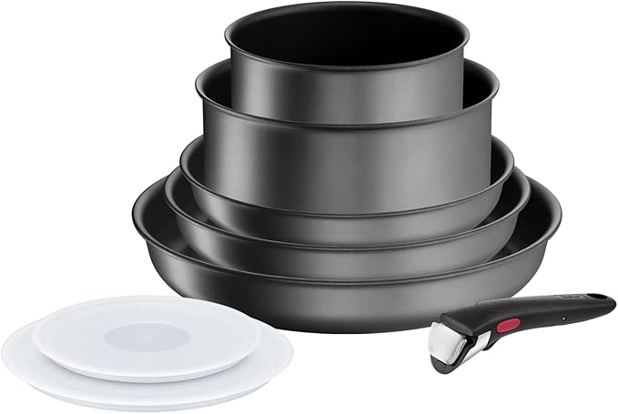 Tefal Ingenio Daily Chef ON 8 piece Non-Stick Induction Pan Set 22&amp24&amp28cm Frypans 16&amp20cm Saucepans 16&amp20cm Hermetic Lids Bakelite Removable Handle Grey L7619202