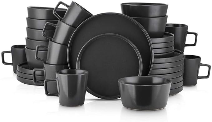 TRP 16 Piece Black Stoneware Dining Set - Includes Dinner Plates Salad Plates Bowls and Cups