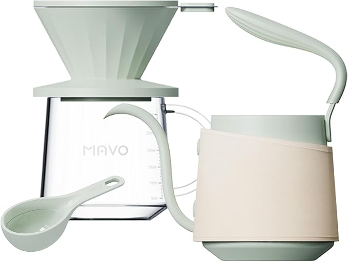 Pour Over Coffee Maker Set Pour Over Kettle Coffee Dripper Glass Coffee Server with Scale Stainless Steel Filter (Green)