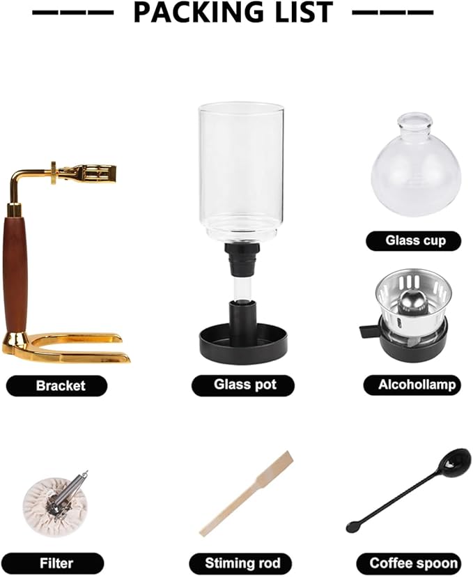 Siphon Coffee Maker Heat-Resistant Glass Vacuum Coffee Brewer 5-Cup (600ml) with Alcohol Burner Adjustable Buffer Clamp Stainless Steel Bracket Base for Coffee Aficionados
