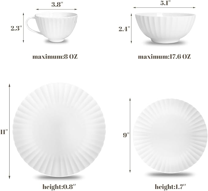 16-Piece Bone China Dinnerware Set for 4 White embossed dinnerware set Plates and Bowls with Textured Design Microwave Dishwasher Safe