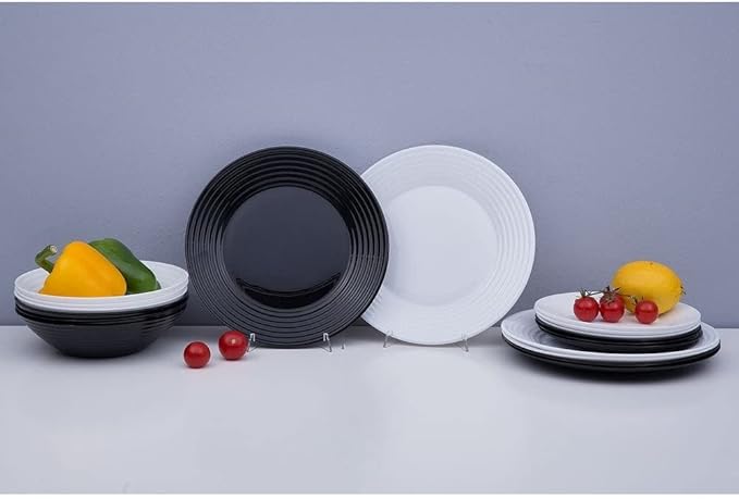 Unknown1 18 Piece. Glass Black White Dinnerware Set for 6 Solid Casual Square Piece Microwave Safe