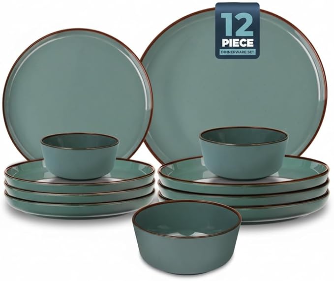 Melamine Dinnerware Sets 12 Piece Unbreakable Plates &amp Bowls Sets Lightweight Shatterproof Durable Dishware for Camping Picnic Party (Dusty Teal)