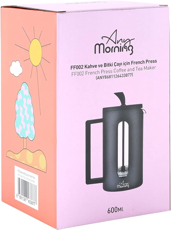 Any Morning Coffe Maker Stainless Steel Borosilicate Glass French Press Tea Press for Loose Tea BPA Free Heat Resistant Durable Easy to Clean 20 oz Black
