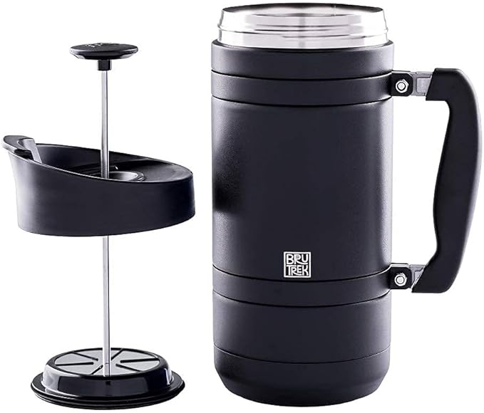 BruTrek® by Planetary Design BaseCamp Coffee Press - Double Wall Insulated Stainless Steel - Bru-Stop Technology No Grounds in Coffee No Spill Lid (Obsidian 48 fl.oz)