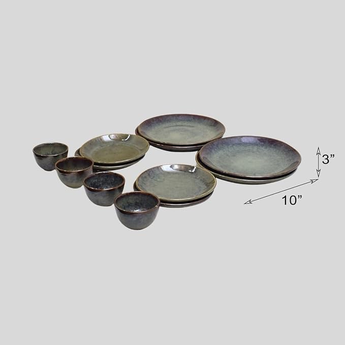 Ceramic Navhara Dinner Set of 12 Piece for Family of 4 | Handcrafted Ceramic Glossy Finish Dinner Set | Microwave/Dishwasher Safe | Plates and Bowls Set for Dining Gift (3x10 Inch)