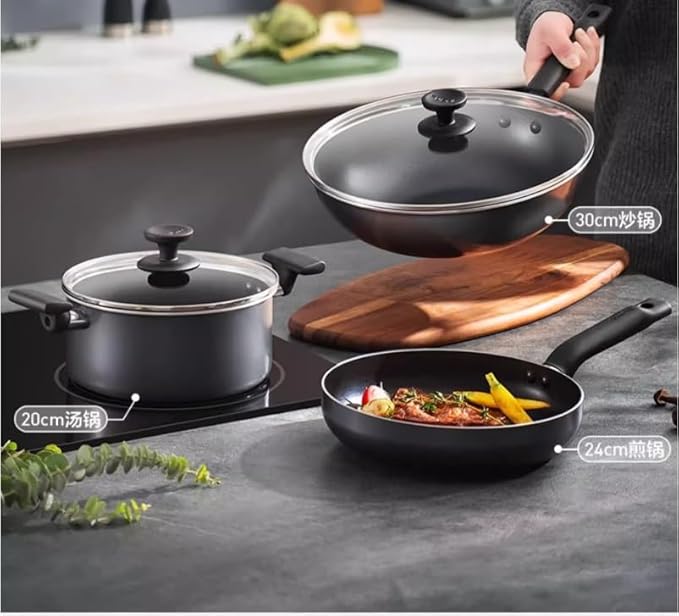 Kitchen Cooking Sets Set of 3 Pots and Pans Non-Stick Frying Pan Non-Stick Frying Pan Pot Set Flat-Bottomed Frying Pan Soup Pot Cookware Sets