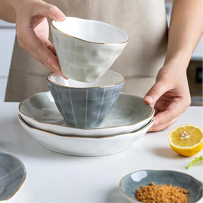 Kitchen Dinnerware Set Plates Set Dishes Set Break Resistant Dishes Plates and Bowls | 33 Pcs Retro Ceramic Phnom Penh Tableware for Family Gathering and Gift Colorfu