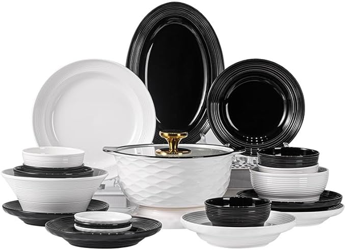 62Pcs Dinnerware Sets Cream Style Ceramic Bowls Plates Dishes Minimalist Tableware Set for Home Kitchen Housewarming Gift Simple