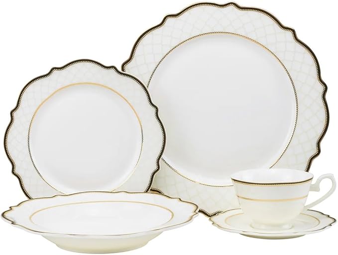 Peak View Collection GP6664-20 20-Piece Bone China Dinnerware Set Super White Fine China Service for 4 Elegant Gift Boxed Plates Cups and Saucers Dishwasher Safe Luxury Dining Set