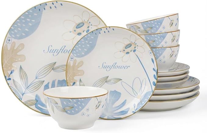 HUHUI Ceramic Dinnerware Sets Service for 4 12-Piece Scratch Resistant Dish Set Microwave and Dishwasherl SafeBlue Floral Ceramic Dinnerware Set sunflower floralblue