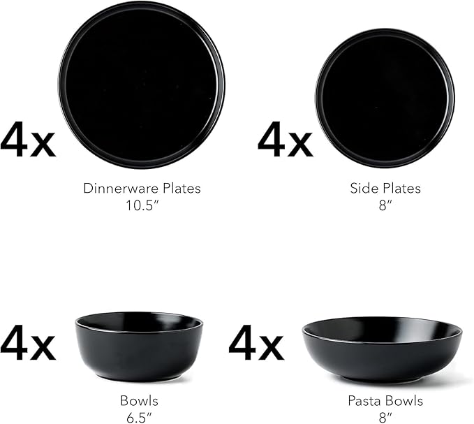 SKUGGA Round Stoneware 16pc Double Bowl Dinnerware Set for 4 Dinner Plates Side Plates Cereal Bowls Pasta Bowls - Matte Black (467586)